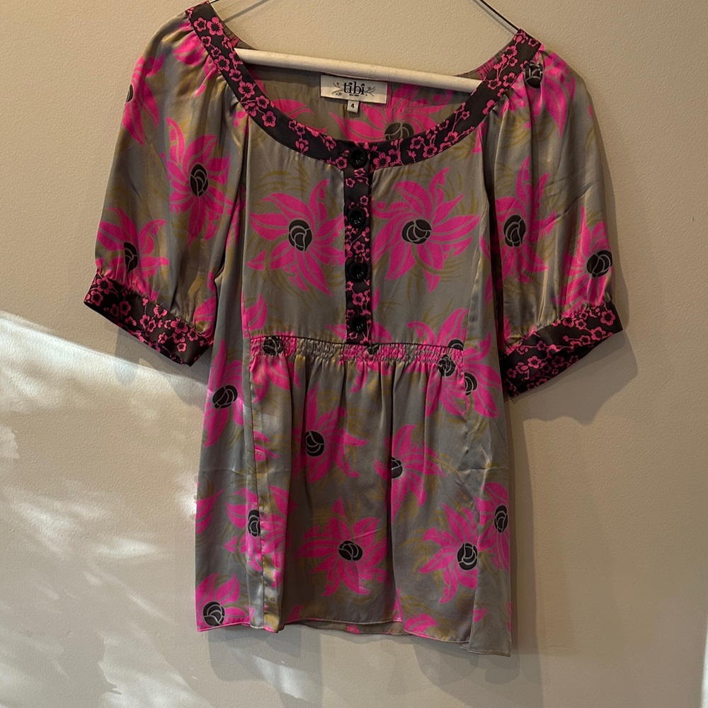 tibi Pink and Gray Floral Silk Blouse